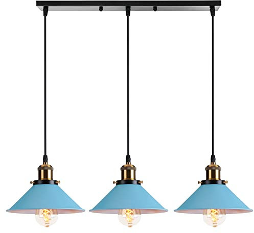 PETITES ECREVISSES Lampadario a sospensione industriale 3 Luci Plafoniera Vintage Metallo Lampada da soffitto in Stile Edison Attacco E27 Paralume Ø22cm per Cucina Caffè Bar (Blu)