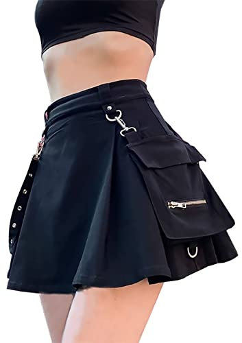 Damen-Cargo-Rock, hohe Taille, Vintage, lässig, A-Linie, Mini-Röcke mit Tasche und Gürtel, Gothic, Punk, Y2K, Streetwear, 6-schwarz, Klein