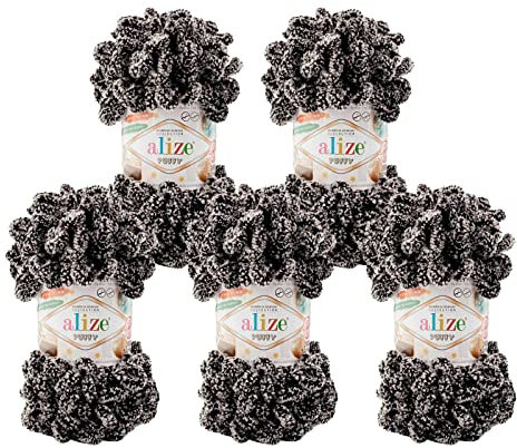 500g Strickgarn ALIZE Puffy Uni, stricken ohne Nadeln auch für Anfänger geeignet, Farbe:799 schwarz-weiß