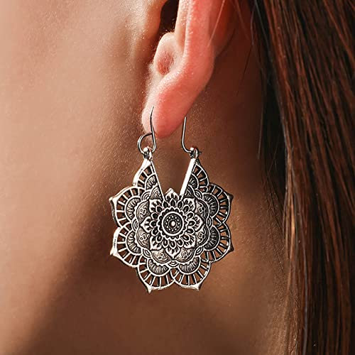 TseenYi Boho Gypsy Mandala Blumen Ohrringe - Vintage Baumeln Retro Metall Hohl Silber Tropfen Reifen Schmuck Für Frauen Und Mädchen