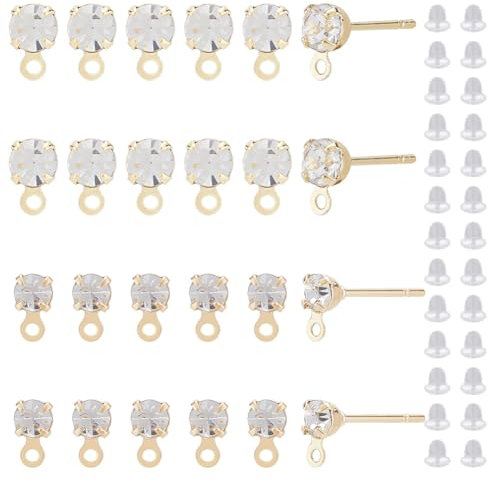 BENECREAT 80Pcs 2 Style Real 18k Gold Plated Brass Studs, Cubic Zirconia Stud Making Kit and 100 Pcs Plastic Ear Plugs, Studs with Rings, Diy Jewelry for Making Earrings, Hole: 1mm