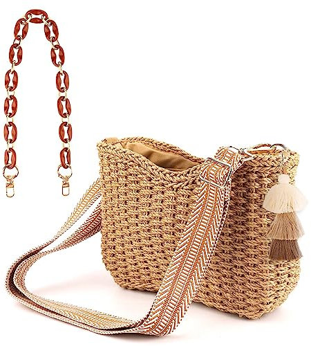 Summer Purses for Women 2023, Ladies Summer Straw Purse Straw Crossbody Bag with Zipper Chain Boho Shoulder Straps Tassel Pendant Straw Woven Shoulder Bag Set (Coffee)