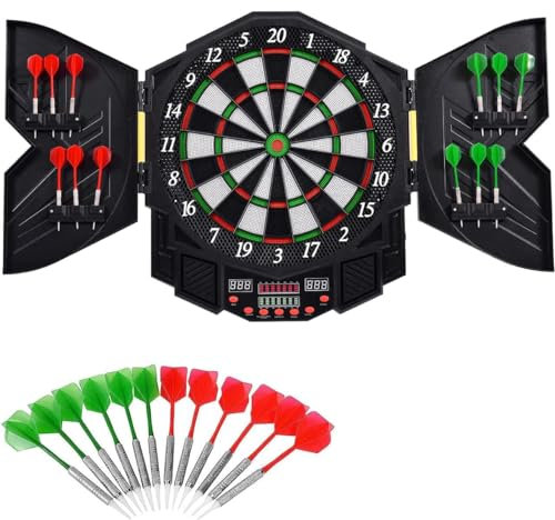 SPOTRAVEL Electronic Dartboards, Professional Dart Board Set with 216 Game Modes, Cabinet, 4 Bright LED Display & 12 Darts, Automatic Scoring Dartboard for Kids Adults