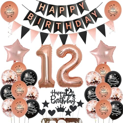 Palloncini decorazione 12 anni compleanno ragazza Nero Oro Rosa, palloncini 12 anni compleanno ragazza decorazione compleanno 12 anni ragazza decorazione torta 12 anni compleanno ragazza Oro Rosa