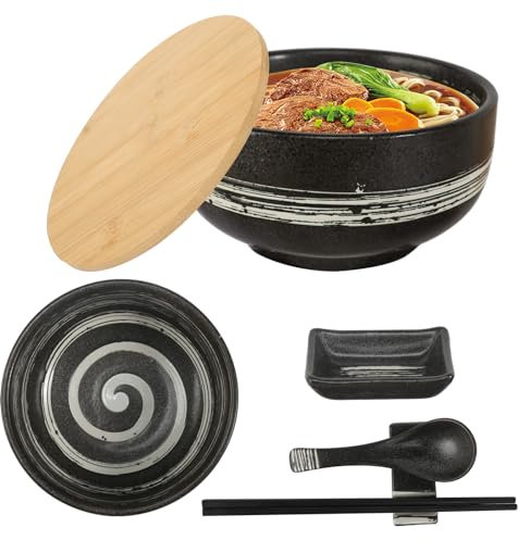 Ramen Schüssel Set Bowl Schüssel Japanische Ramen Schüssel Keramik Schüssel mit Deckel Keramik Ramenbowl Ramen Set Inkl. Stäbchen, Deckel und Löffel