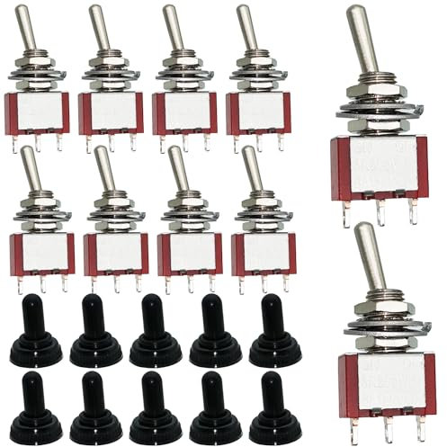 Dujelixa Interruptor de Palanca Miniatura MTS-102 - 10 Piezas, 3 Pines, 2 Posiciones, Autobloqueo, Corte 6mm, SPDT Con Tapa Impermeable M6, AC125V 6A (250V/3A)