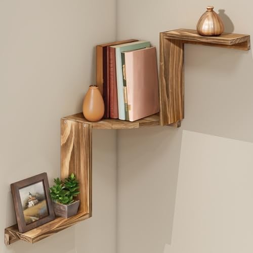 SUMGAR Corner Shelf Unit Floating Shelves for Wall Mounted Pine Wood Rustic Storage Rack for Bedroom Kitchen Living Room Bathroom Office Home Display Decoration Book Plant Stand