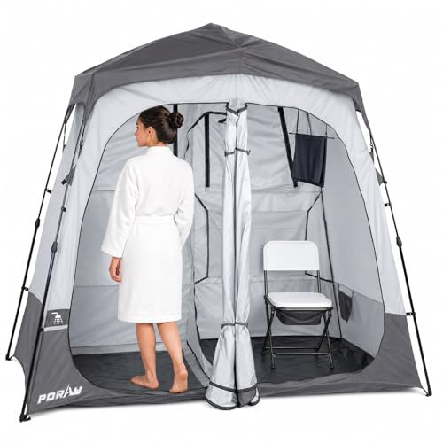 Porayhut Tragbares Camping-Duschzelt, Deluxe-Umkleidekabine, einfach aufzubauen, Sichtschutz, großes WC-Zelt, 2 Zimmer mit Bodenablauf-Design für Strand, Camping, Wandern, mit Heringen und Seilen für