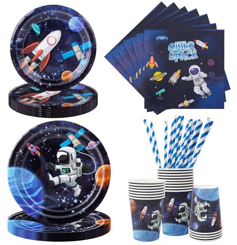 Aitsite Lot de 50 assiettes de fête spatiale astronaute pour 10 invités, vaisselle d'anniversaire spatiale, astronaute, assiettes en papier, gobelets, serviettes