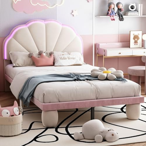 KOMHTOM Lit Une Personne 90x200 avec Bande Lumineuse LED, Rembourré avec Sommier à Lattes et Pieds Arrondis (Rose+Crème, Matelas Non Inclus)