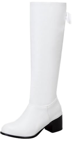 Asterisco Stivali Alti Al Ginocchio da Donna con Tacco Largo Bowknot Tacco Medio Boot Punta Rotonda Zip Stivali da Vestito, Y47278Bw Bianco Numero 43 EU/45Cn
