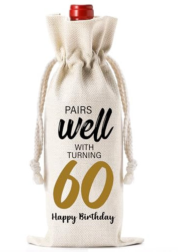 Soireeparty 60th Birthday Wine Gift Bag - Happy Birthday Drawstring Jute Bottle Bag Gift Party Decorations, 60 Year Old Birthday Gifts for Women Men Grandpa Grandma Mum Dad Auntie Husband Wife