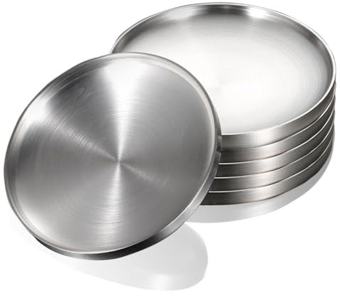 WANBY Stainless Steel Plates 7.5 inch Metal Double Layered Dinner Plates Unbreakable Dinner Dishes Set for Kitchen Home Camping Outdoor Party BBQ (6 Pcs Sliver)