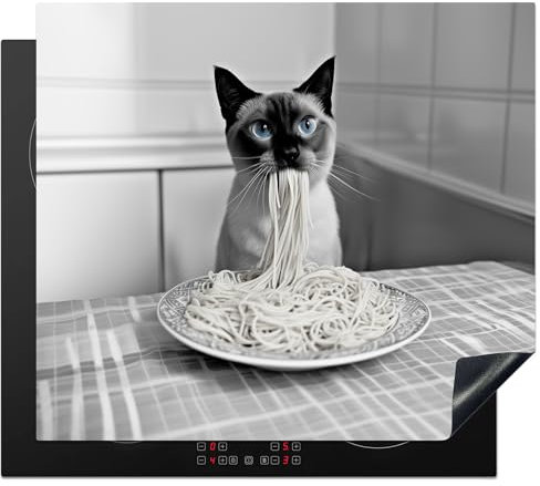 KitchenYeah© Herdabdeckplatte 60x52 cm Einteilig Herdabdeckung Abdeckplatte für Ceranfeld Abdeckung Induktionskochfeld Aufrollbare Matte Katze - Siamese - Schwarz und weiß - Niedlich - Tiere