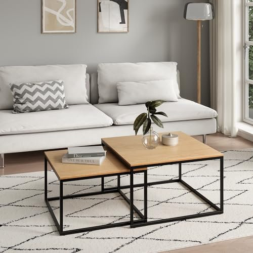 Home Collective Couchtisch 2er Set quadratisch aus Holz, Wohnzimmertisch Modern, Beistelltisch Set 2 in 1 mit Metallgestell für Wohnzimmer Büro Beistelltisch Loft Design Twin | Eiche hell