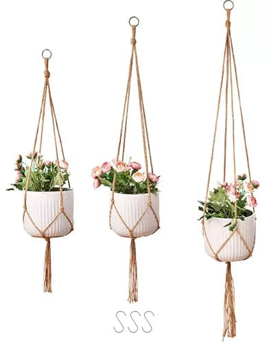 Pangogogo Macramé - Macetero colgante para plantas, 90/105/120 cm, 3 unidades con ganchos de metal para interior y exterior, jardín, balcón, ventana, balcones, decoración de pared