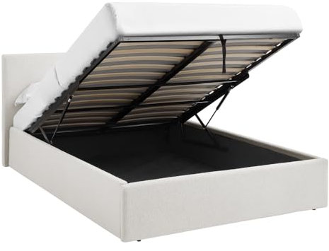 Teddy Boucle - 4FT Small Double Gas Lift Up Ottoman Storage Bedframe (H: 88.5cm x W: 138cm x L: 203cm) (White)