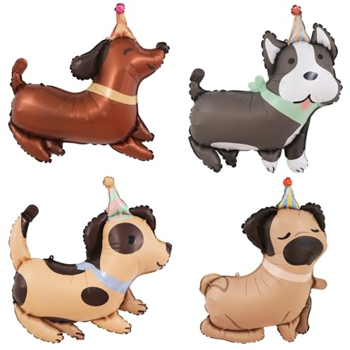 4 x Luftballons mit Tiermotiven für Hunde, Geburtstagsdekoration, Mylar-Ballons, Welpengeburtstagsdekorationen für Kinder, Geschenk, Husky, Mops, gepunkteter Hundeballon, Babyparty