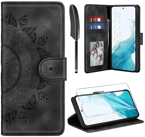 ivencase Lederhülle für Samsung Galaxy S22 5G Hülle und Schutzfolie, Premium Klappbar Handyhülle Flip Wallet, [Kartenfach] [PU Leder] [Ständer] Schutzhülle Kompatibel mit Samsung S22 5G, Schwarz
