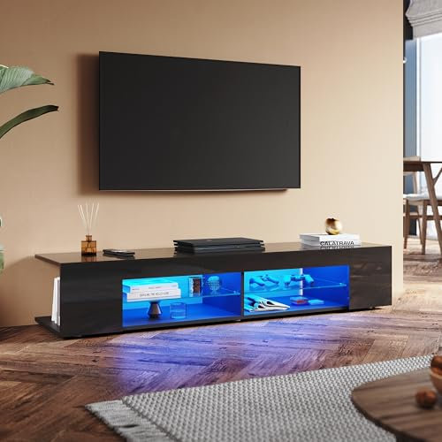SUNXURY TV Board Schwarz Hochglanz 160cm mit LED-Beleuchtung 160 x 39 x 30 cm(B/T/H) Modern tv Schrank mit 5 mm Glasablage TV lowboard Holz Wohnzimmer