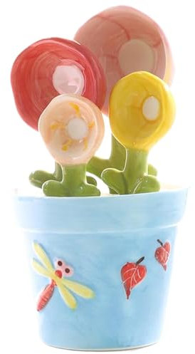 1 Set Flower Measuring Spoons, Ceramic Cactus Measuring Spoons Set in Pot, Decorative Flower Pot and Cup, Cute for Home Kitchen, Blue #·
