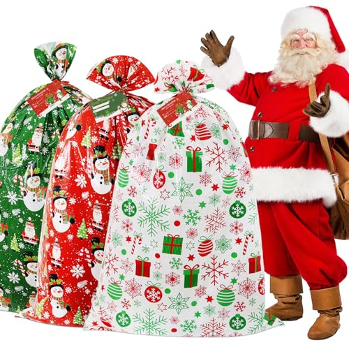3Pcs Geschenktüten Weihnachten Giant Geschenk Tasche, Weihnachtstüten groß,91cm*142cm Weihnachten Taschen mit Geschenkkarten & Seile,Weihnachtssack für Party Favors