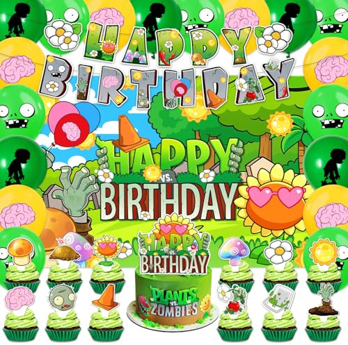 42Pcs Plants Zombies Birthday Party Decorations Plant Game Theme Birthday Supplies Including Banner, Cake Toppers, Balloons, Backdrop Plants Zombies Party decorations