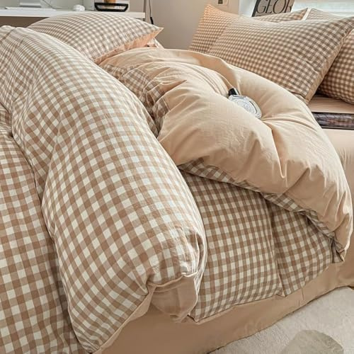 Nyescasa Beige Gingham Duvet Cover Single Beige Brown Gingham Plaid Checkered Grid Bedding Set Check Modern Washed Microfibre Comforter Cover 135x200 cm with Zipper Closure and 1 Pillowcase 50x75 cm