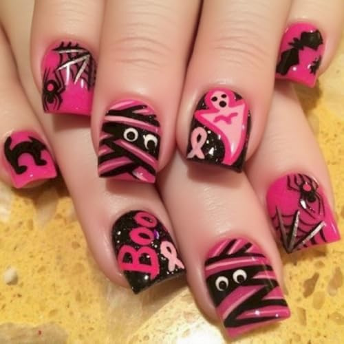 Mgmxbsth 24Pcs Square Press on Nails,Pink Fake Nails, False Nails with Glue,Halloween Fake Nails Art Accessories,Stick on Nails with Designs Stick for Women and Girls (Cute Bandage)