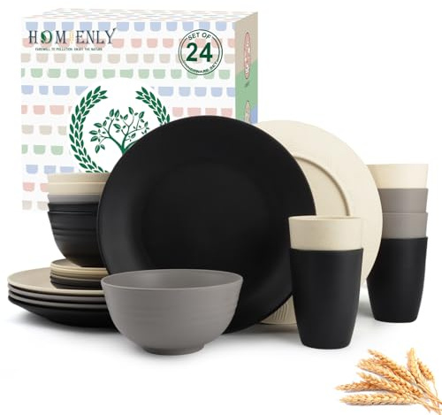 Homienly Wheat Straw Dish Set 24 PCS - Lightweight and Unbreakable Plates, Bowls, Cups Set, Microwave and Dishwasher Safe Dinnerware Set for Kitchen, Outdoor - Grey Stone
