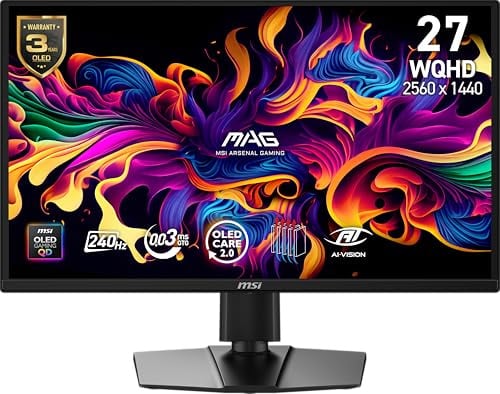 msi MAG 272QP QD-OLED X24 27'' 2560x1440 (QHD) Monitor Gaming, 240Hz, Sincronizzazione adattiva, HDMI, DisplayPort, Montaggio VESA, Inclinazione, Altezza regolabile, Altoparlante, 0,03ms, Nero