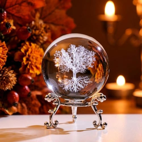 GWEOR Sfera di Cristallo Albero della Vita, Sfera di Vetro Bianco, Decorazione Casa Feng Shui, Regalo per Mamma con Energia Chakras