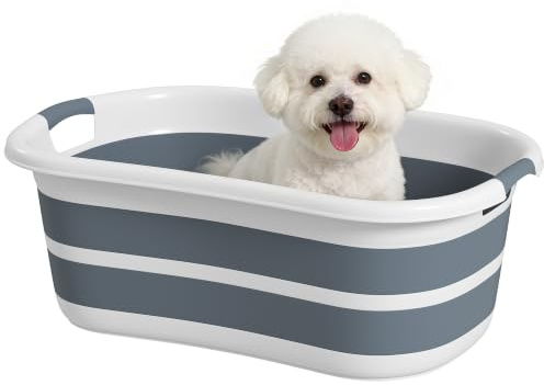 PawHut 27L Collapsible Dog Bath Tub for Small Dogs & Cats Grey | Foldable Pet Bathtub with Drain Hole, Space Saving Portable Puppy Bath Tub for Indoor & Outdoor