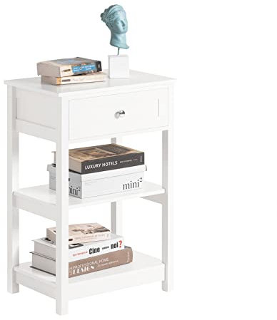 SoBuy Mesita de Noche con 1 Cajón & 2 Estantes, Mesa Auxiliar Moderna, Blanca, L45 x P30 x A68cm, FBT46-W