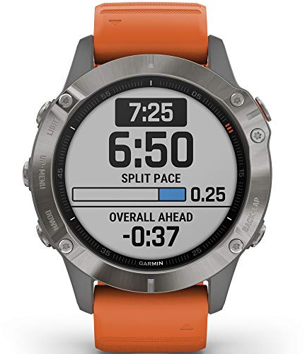 Garmin Fenix 6 Sapphire, Premium Multisport GPS Watch, Features Mapping, Music, Grade-Adjusted Pace Guidance and Pulse Ox Sensors, Titanium with Orange Band