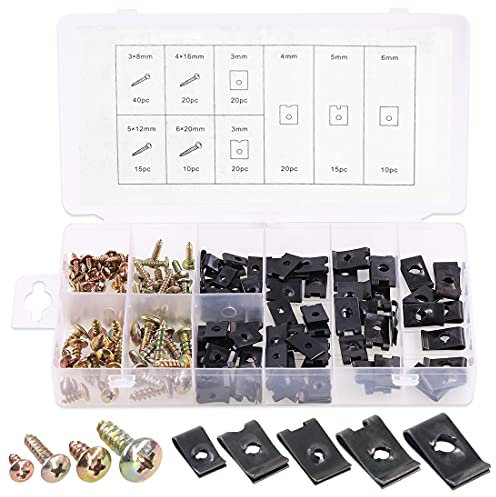 Rustark Assortiment de 170 clips en U et vis - 9 tailles - Clips de fixation avec vis - Étui de rangement pour pare-chocs, tableau de bord, porte intérieure