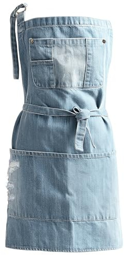 Baiancy Delantal ajustable de algodón con 5 bolsillos para cocinar, para mujeres y hombres, delantal de mezclilla de moda para cafeterías, bares, cocinas