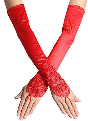 SUNTRADE Damen Spitze Satin Braut Party Fingerlose Handschuhe Pailletten Elegant (rot)