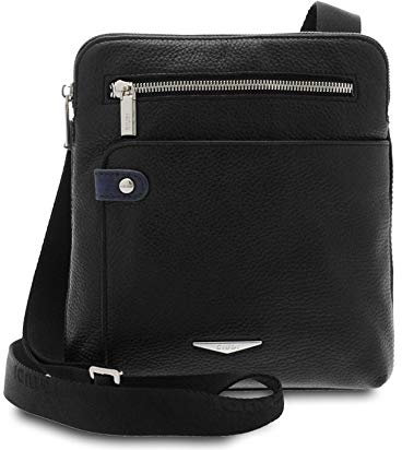 GIUDI ® - Herrentasche aus gehämmertem Kalbsleder, echtes Leder, Schultergurt für Herren, hergestellt in Italien., Schwarz/Blau, 25,00 x 21,50 x 5,00 cm