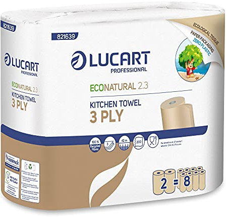 Lucart Professional, EcoNatural 2.3, Fiberpack essuie-tout, idéal pour les environnements professionnels et les bureaux, 2 x 200 feuilles, 23x21 cm, paquet de 12 rouleaux