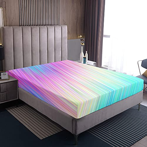Buntes Marmor Spannbettlaken, Mädchen Regenbogen Farbmuster Schlafzimmer Dekor Bettwäsche-Sets Abstrakte Streifen Bedruckte Spannbettlaken, 1 Spannbettlaken, Kein Kissenbezug, 90x200x30