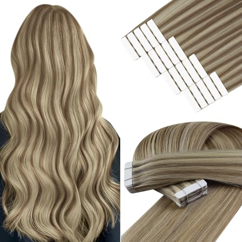 YoungSee Tape in Hair Extensions Human Hair, Highlight Brown Human Hair Extensions Tape, 20 Inch Blonde and Light Brown, Extensions Tapes, for Date Night, 20pcs 50g