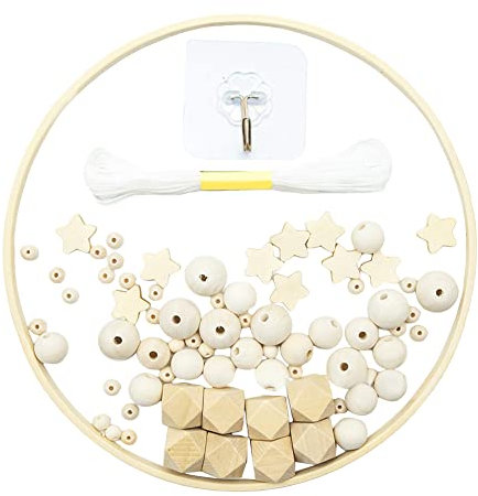 Herbests DIY Handgemacht Mobile Windspiel Runde Holz Rahmen Bettglocke Materialpaket Natürliche Handwerk Rassel Spielzeug Hängenden Kinderzimmer Deko Baby Stern Holzperlen Glocke Kit für Junge Mädchen