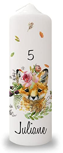 GRAVURZEILE Bedruckte Stumpenkerze - Geburtstag Tiere Design - Personalisiert mit Name & Alter - Hochwertige Stumpenkerze 250/80 mm brilliant bedruckt - Geburtstagsgeschenk für Kinder - Farbe Fuchs