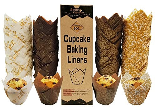 Caissette Muffins Papier Tulipe,200 pièces Standard,Moule Muffins Papier Les Quatre Couleurs,Parchemin Européen & Anti-Adhésif, pour Pâtisserie/Fêtes/Noël/Anniversaires,Taille Standard