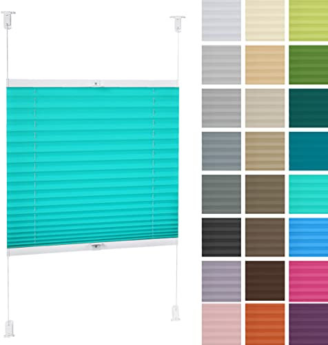 DECOOR Plissee ohne Bohren 100cm x 120cm Faltrollo Rollo für Fenster und Tür Nicht-invasive Fensterjalousien guter Sichtschutz und Sonnenschutz Breite der Überlappung 2 cm Azurblau