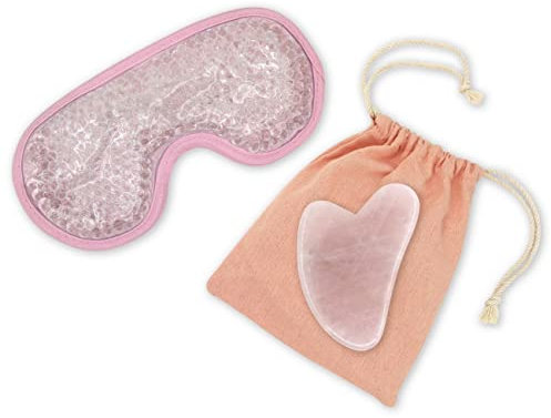 Sun & Sia - Kit Masque Yeux Chaud/Froid et Gua Sha en Pierre Naturelle Quartz Rose (+Housse) - Rafraîchit le Teint, Traite les Poches et Cernes, Stimule la Circulation - Effet Anti-Âge et Peau + Ferme