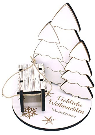 Geldgeschenk Weihnachten Tannenbäume und Schlitten inkl. Name - Winter Deko Schild für Geld Gutschein Geschenk
