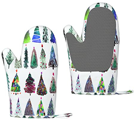 Big Collection Of Watercolor Christmas Tree Silicone Oven Mitts Anti-Slip Cooking Gloves,Heat Resistant Baking Mitts A Pair