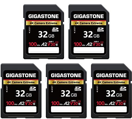 GIGASTONE 32GB 5er-Pack SDHC-Speicherkarte, 4K Camera Extreme, bis zu 100/50 MB/s, kompatibel mit Canon Panasonic, A2 V30 U3 UHS-I C10, für 4K UHD Video, mit 5 Mini-Hüllen